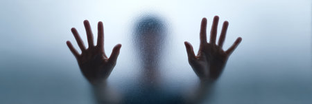 Persons blurred silhouette with hands pressing against translucent glass, expressing concepts of fear, being trapped, solitude, and isolation in a mysterious and anxious contextの素材