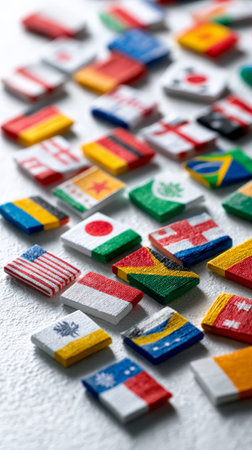 Small wooden blocks painted with various national flags symbolize international cooperation, global community, and cultural exchange on a textured white surfaceの素材