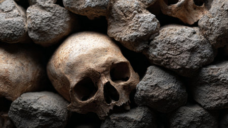 Human skull resting in a wall of piled bones and rough stones, creating a macabre and eerie scene symbolizing death, mortality, and the historic atmosphere of catacombsの素材