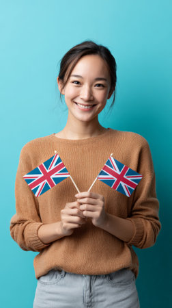 Studio shot of a cheerful young woman holding two small uk flags, celebrating and showing support for great britain, expressing her patriotism and connection to british culture with a genuine smileの素材