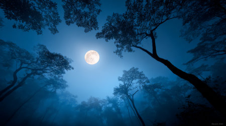 Full moon casts silvery light through misty woodland, towering tree silhouettes against a deep blue night sky, evoking eerie, serene, dreamlike atmosphere and calm silenceの素材