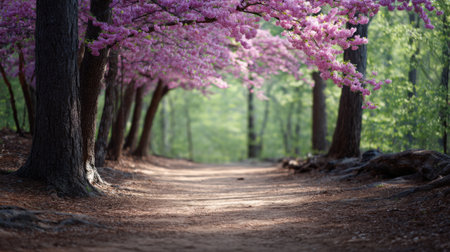 Sunlight filters through the vibrant pink blossoms of cherry trees, forming a captivating tunnel over a tranquil dirt path, inviting exploration and evoking the serene beauty of springtimeの素材