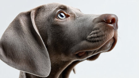 Weimaraner puppy head shot showcasing its smooth gray coat and striking blue eyes, looking attentively upwards in profile against a bright, clean backgroundの素材