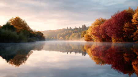 Sunlight illuminates colorful trees and rising mist on a tranquil lake during a serene autumn sunrise, creating a beautiful reflection on the waters surfaceの素材