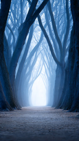 Trees forming a natural tunnel along a path, leading towards an ethereal white light emerging through dense fog, creating a mysterious and atmospheric winter scene with dark blue tonesの素材