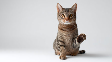 Tabby cat sitting and looking at the camera with one paw raised, playful studio portrait on neutral background with ample copy space for text or branding, charming and engagingの素材