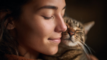 Woman with closed eyes hugging a tabby cat, sharing a tender, peaceful moment of warmth, trust and affection that highlights the close bond between pet and ownerの素材