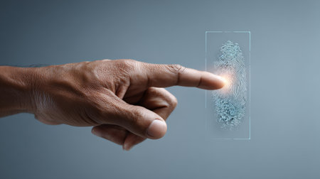 Person using finger to scan fingerprint on futuristic transparent screen, utilizing biometric authentication technology for secure access and identification in modern security systemsの素材