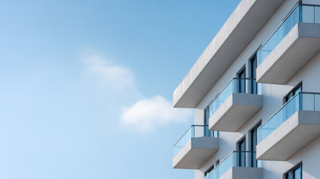 Modern residential building facade showcasing multiple balconies with glass railings against a clear blue sky, emphasizing contemporary architecture and geometric linesの素材