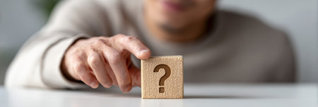 Person is touching a wooden block featuring a question mark, representing concepts of inquiry, problem solving, doubt, and finding solutions or answers in business and daily lifeの素材