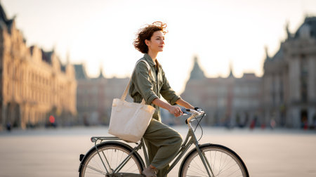 Stylishly dressed woman enjoys a leisurely bicycle ride through a picturesque european city square, carrying a tote bag and embracing the warm glow of the setting sunの素材