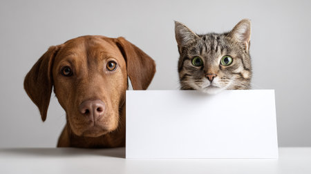Vizsla dog and tabby cat peek over a blank white sign, heads and eyes visible for customizable copy spacecute, friendly pets ideal for advertising, adoption, or vet themesの素材