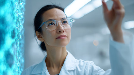 Female doctor interacting with a digital interface, manipulating holographic data in a modern laboratory, pushing the boundaries of medical science with innovative technologyの素材