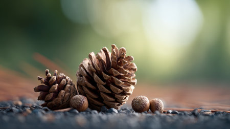 Two pine cones and two acorns resting on a textured gravel bed, surrounded by a blurred green forest background, creating a tranquil autumn atmosphere filled with natural beautyの素材