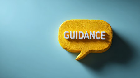 Yellow textured speech bubble with white 3d guidance text, representing advice, support and help or communication and mentoring on a soft light blue backgroundの素材