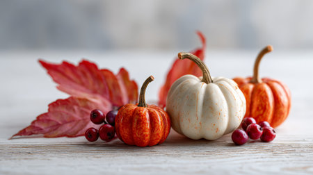 Three mini pumpkins in orange and white sit alongside red autumn leaves and berries on a rustic white wooden surface, composing a cheerful and inviting scene for the fall seasonの素材