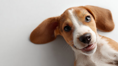 Adorable beagle puppy with floppy ears and a tan, white, and black coat looking directly at the viewer and smiling cheerfully with open mouth, showing interest on a clean white backgroundの素材