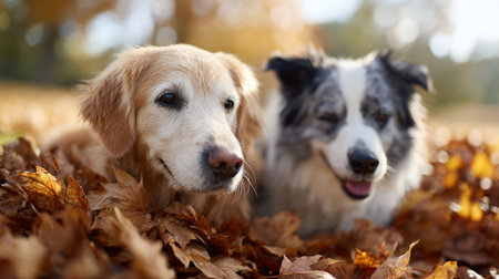 Two dogs, a golden retriever and a border collie, lie together in a pile of fallen autumn leaves, enjoying the crisp air and warm sunlight of the seasonの素材