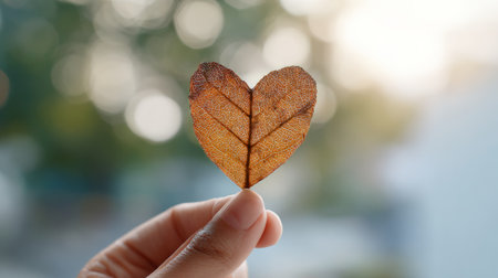Hand gently holding a delicate, heart shaped leaf against a soft focus background of warm autumn sunlight, symbolizing love, nature, and the beauty of fallの素材