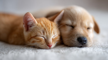 Puppy and kitten sleeping side by side on soft white carpet, peaceful and cozy, showcasing the tender bond and innocence of two young pets in a warm, heartwarming portraitの素材