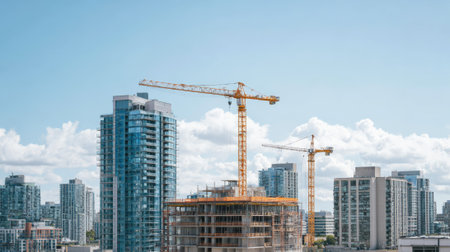City skyline of modern residential and commercial skyscrapers with cranes building a new high rise under a clear blue sky, symbolizing urban development and future growthの素材