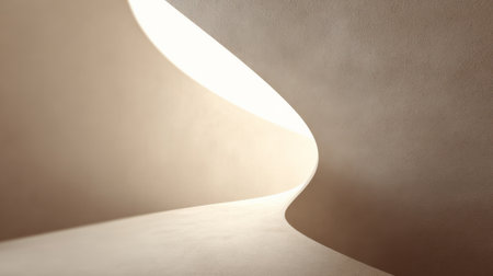 Abstract architectural form showing a smooth, curved beige surface highlighting the interplay of light and shadow, creating a dynamic and minimalist backdropの素材