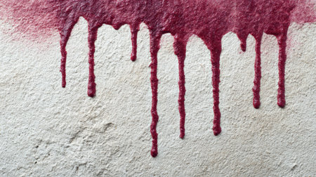 Red paint drips down a weathered concrete wall, forming textured vertical streaks and splatters that create a gritty, grungy abstract surface with distressed detailの素材