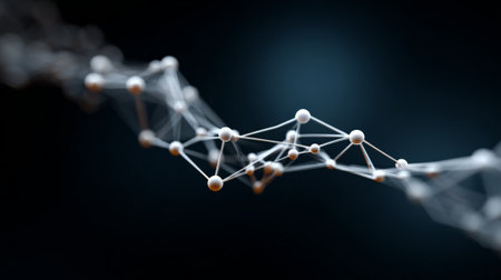 Abstract network of white spheres connected by lines, creating a visual representation of data transfer, molecular bonding, and technological connections against a dark backgroundの素材