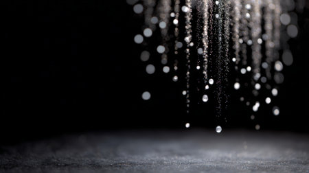 Glittering particles fall onto a dark dusty surface, creating a shimmering bokeh backdrop that evokes celebration, luxury, magic and dreamy illuminated texture for eventsの素材