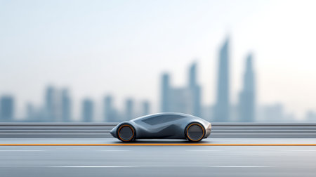 Futuristic autonomous vehicle driving on a blurred highway, showcasing advanced transportation technology, smart city infrastructure, and the concept of future mobility in an urban landscapeの素材