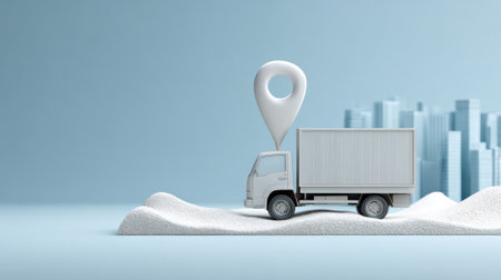 Delivery truck carrying a cargo container with a location tracking pin overhead, navigating undulating terrain towards a city skyline, representing modern logistics and shipping servicesの素材