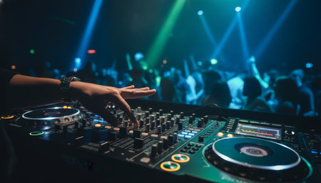 Dj hand adjusting controls on a mixer and turntable setup, creating music for a dancing crowd enjoying the vibrant lights and energetic atmosphere at a busy nightclub partyの素材