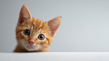 Ginger tabby kitten with bright eyes peeking from behind a white surface, showing curiosity and cuteness while looking directly at the viewer, with copy space for textの素材