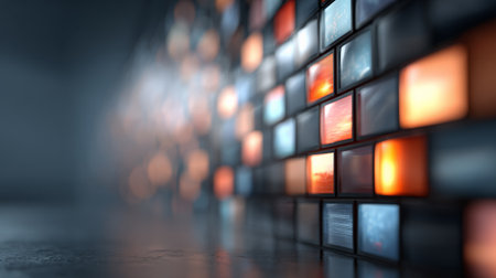 Digital video wall presenting multiple screens with diverse content, representing global communication, media streaming, broadcast, and advanced modern technology conceptsの素材