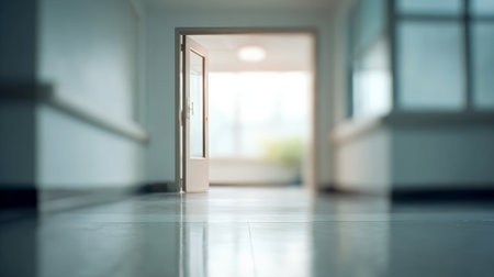 Long corridor leading to an open door flooded with bright light and a blurred outdoor view, evoking hope, transition, new opportunities, and a fresh startの素材