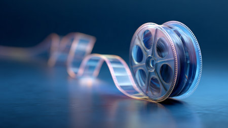 Film reel unwinding with a glowing transparent strip displays a cinema and movie concept illustrating the idea of classic entertainment, video production, and storytellingの素材