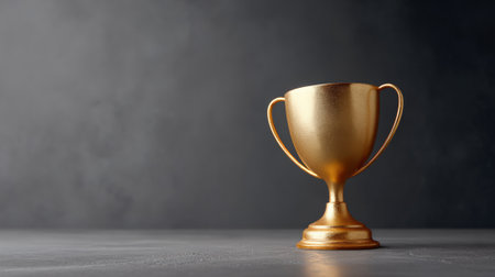 Gold champion trophy on concrete against a dark backdrop symbolizing victory, achievement and excellencecelebration of first place, reward, leadership and top performanceの素材