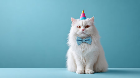 White long haired cat wearing a colorful party hat and a blue striped bow tie, sitting against a blue background, celebrating a special occasion with a formal and festive lookの素材
