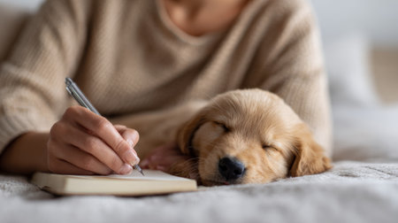 Womans hand writing in a notebook next to a cute golden retriever puppy sleeping soundly, capturing moments of calm, companionship, and relaxation at homeの素材