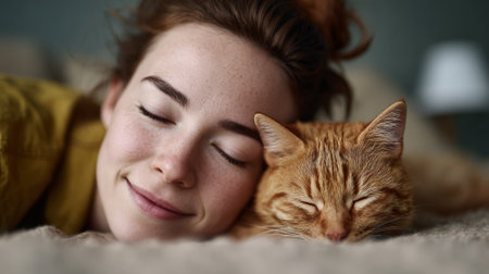 Young woman with closed eyes resting peacefully next to her sleeping orange cat, sharing a moment of calm and affectionate companionship on a soft bedの素材