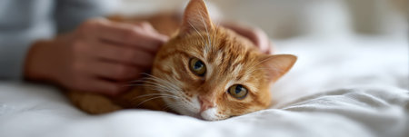 Ginger tabby relaxing on a rumpled white bed as a loving hand gently strokes its head, capturing a cozy, intimate moment of domestic comfort and calm companionshipの素材