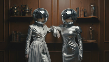 Two women in futuristic silver outfits and disco ball helmets posing against a classic wooden library backdrop, blending retro disco aesthetics with a surreal, conceptual atmosphereの素材