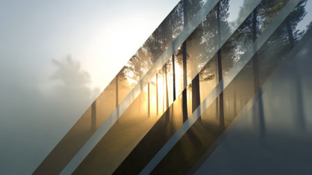Abstract background blending a sunlit misty forest with pine trees and light rays, representing concepts of nature, growth, and modern design through layered geometric shapesの素材