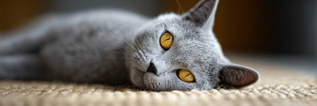 British shorthair cat lying on a textured sisal rug, looking forward with bright yellow eyes, showing comfort and domestic pet life in a cozy home environmentの素材