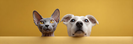 Sphynx cat and white dog peeking up with curiosity, heads showing over a yellow surface against a plain yellow background, creating an engaging banner with copy spaceの素材