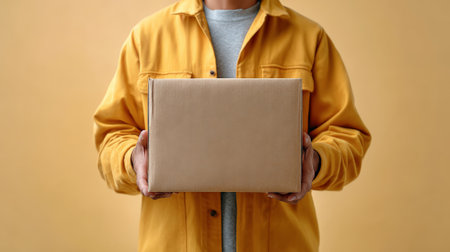 Person wearing a yellow jacket and grey t shirt holding a blank brown cardboard box, symbolizing shipping, e commerce, and courier services against a neutral backgroundの素材