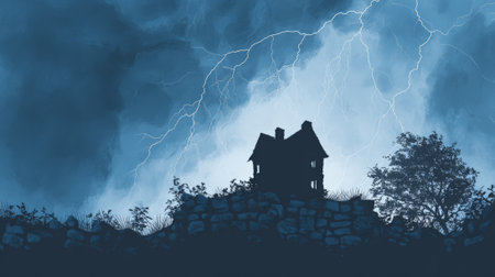 Dark silhouette of an old, abandoned house standing on a hill, with a large lightning storm illuminating the sky at night, creating an eerie and spooky atmosphereの素材