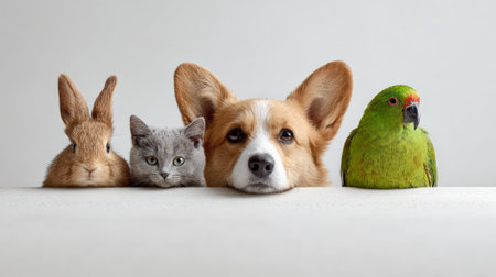 Group of diverse domestic pets including a rabbit, a kitten, a corgi dog, and a parrot, all peeking over a simple white surface with a clean backgroundの素材