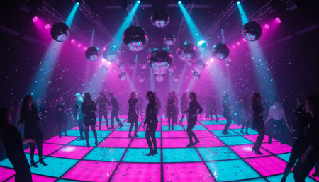 People dancing on an illuminated led floor under disco balls and falling confetti, neon pink, blue and purple lights creating a vibrant, energetic nightclub party atmosphereの素材
