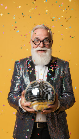 Happy senior man with a long white beard and round glasses holding a shining disco ball, feeling joyful during a festive celebration with colorful confetti fallingの素材